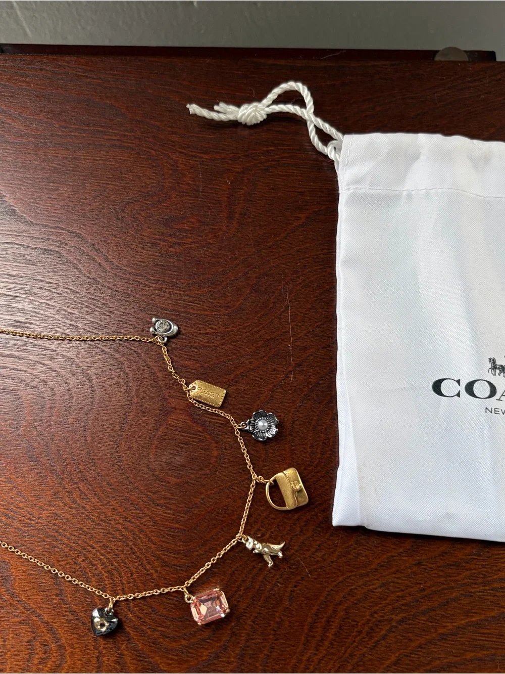 Coach Gold-Tone Charm Necklace with Pink Crystal & Mixed Charms